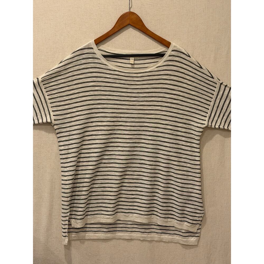 Eileen Fisher Linen Cotton Striped Boxy Sweater Large Lightweight Knit